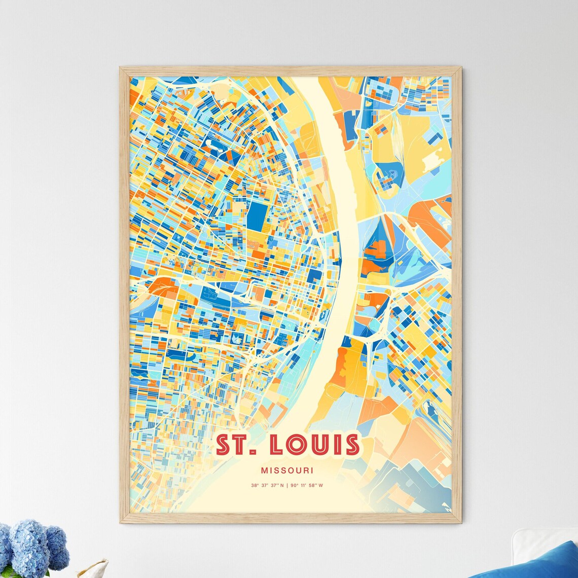 St Louis Missouri Blue Orange Mississippi River Map Art Poster