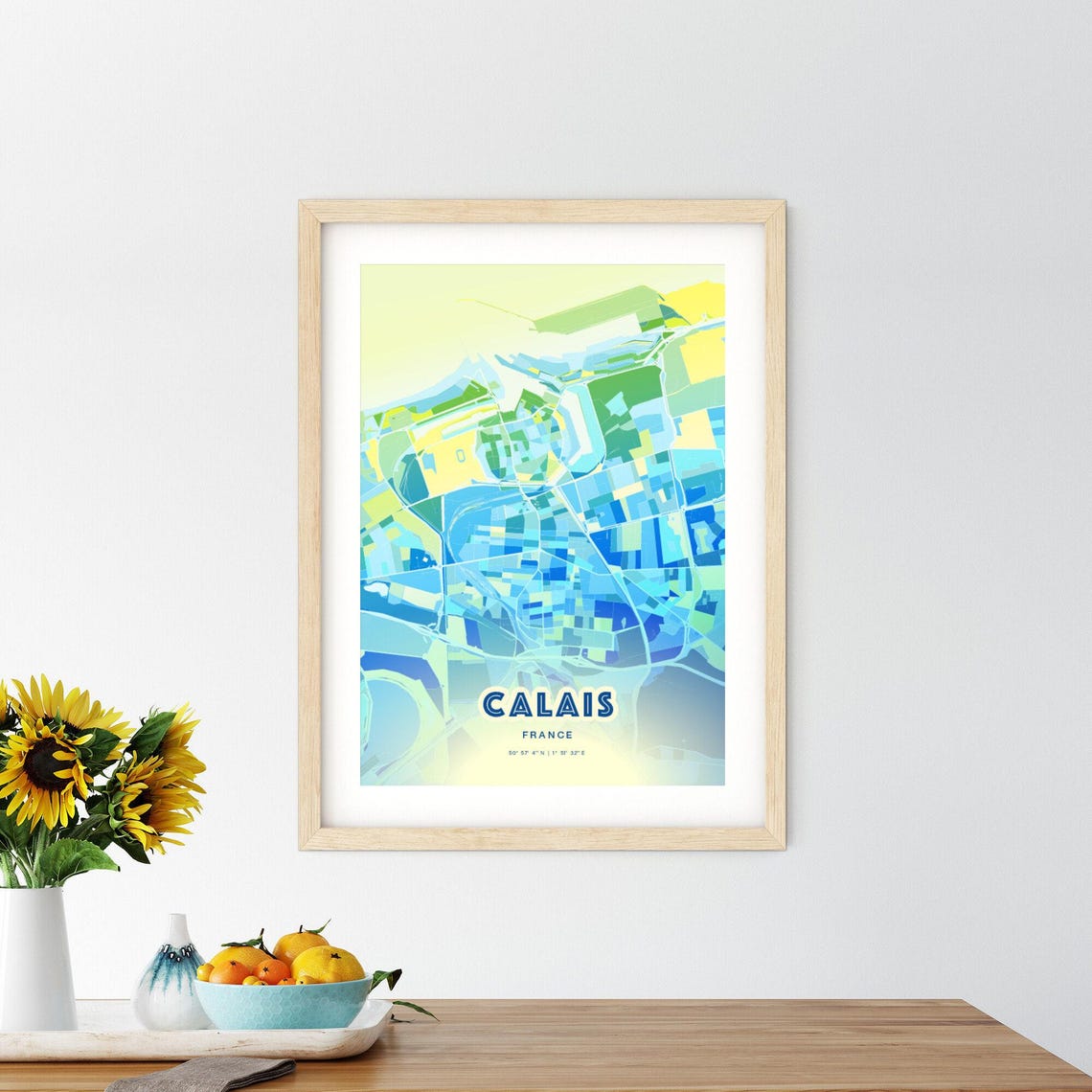 Calais France Personalized Bluish Art City Map Coordinates Poster - Image 3