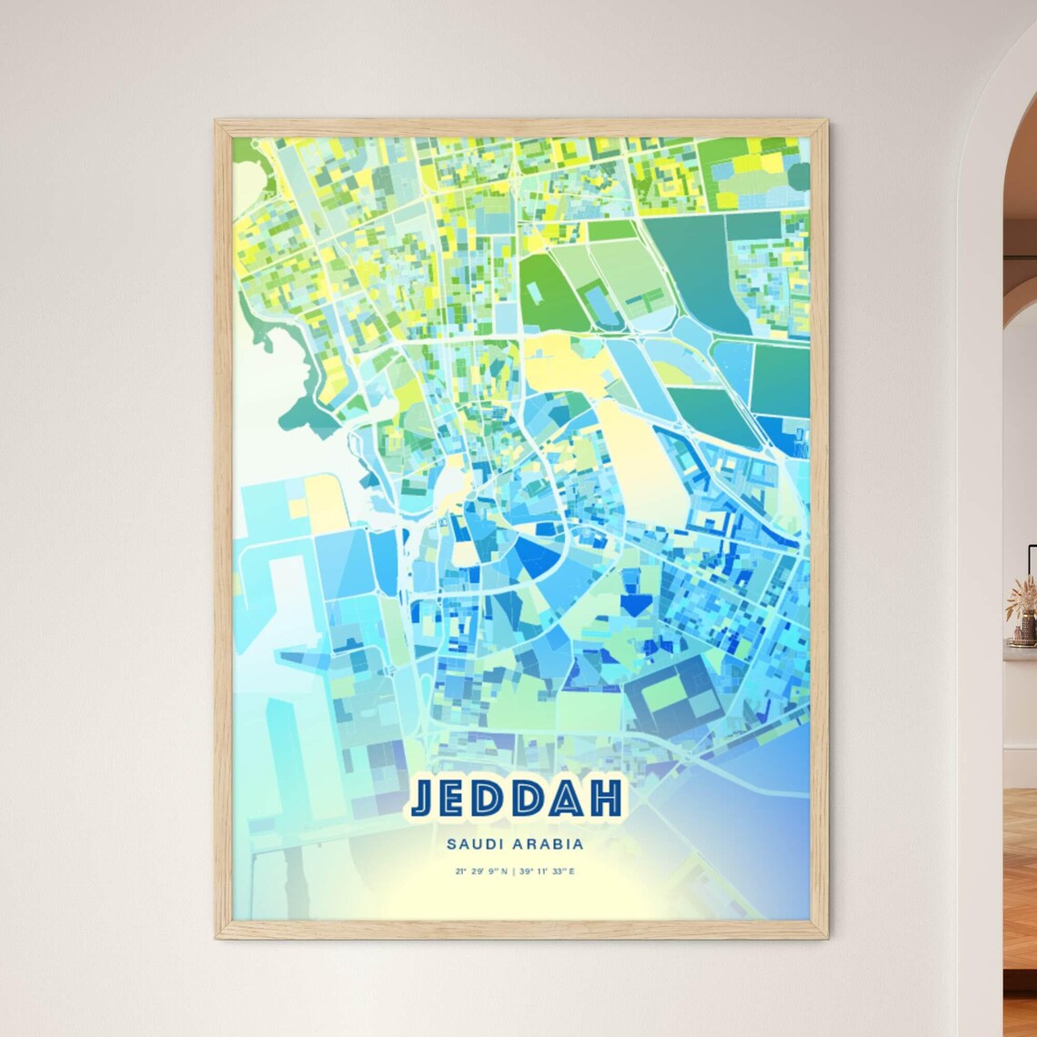 Jeddah Saudi Arabia Bluish Watercolor City Map Art Poster Wall Decor