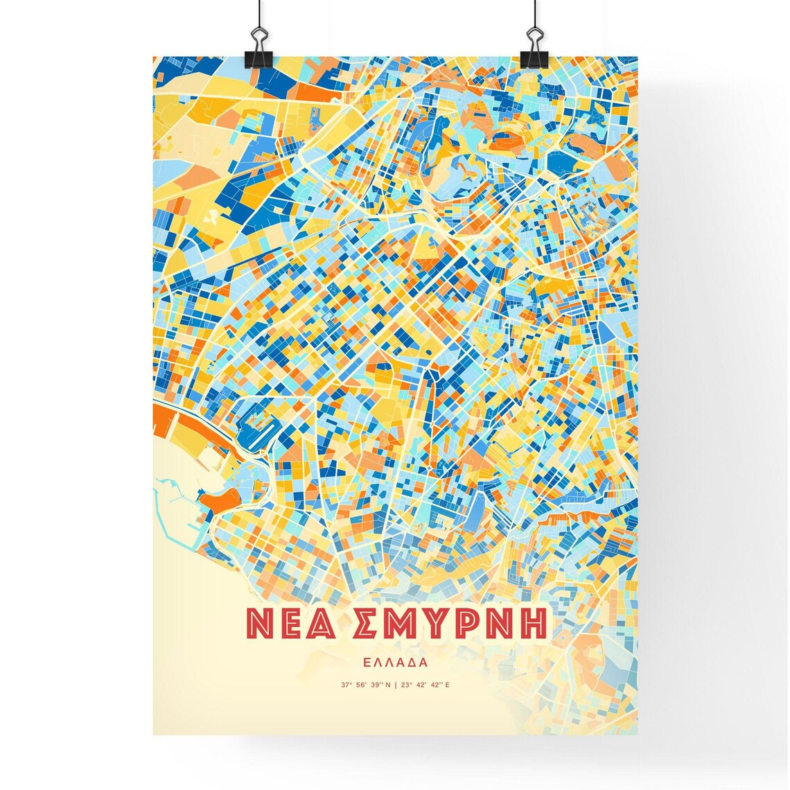 Nea Smyrni Greece Colorful City Map Poster Blue Orange Stylish Wall Decor - Image 3