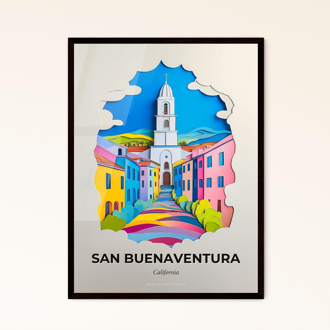 San Buenaventura California Mission Church Street Paper Cut Poster