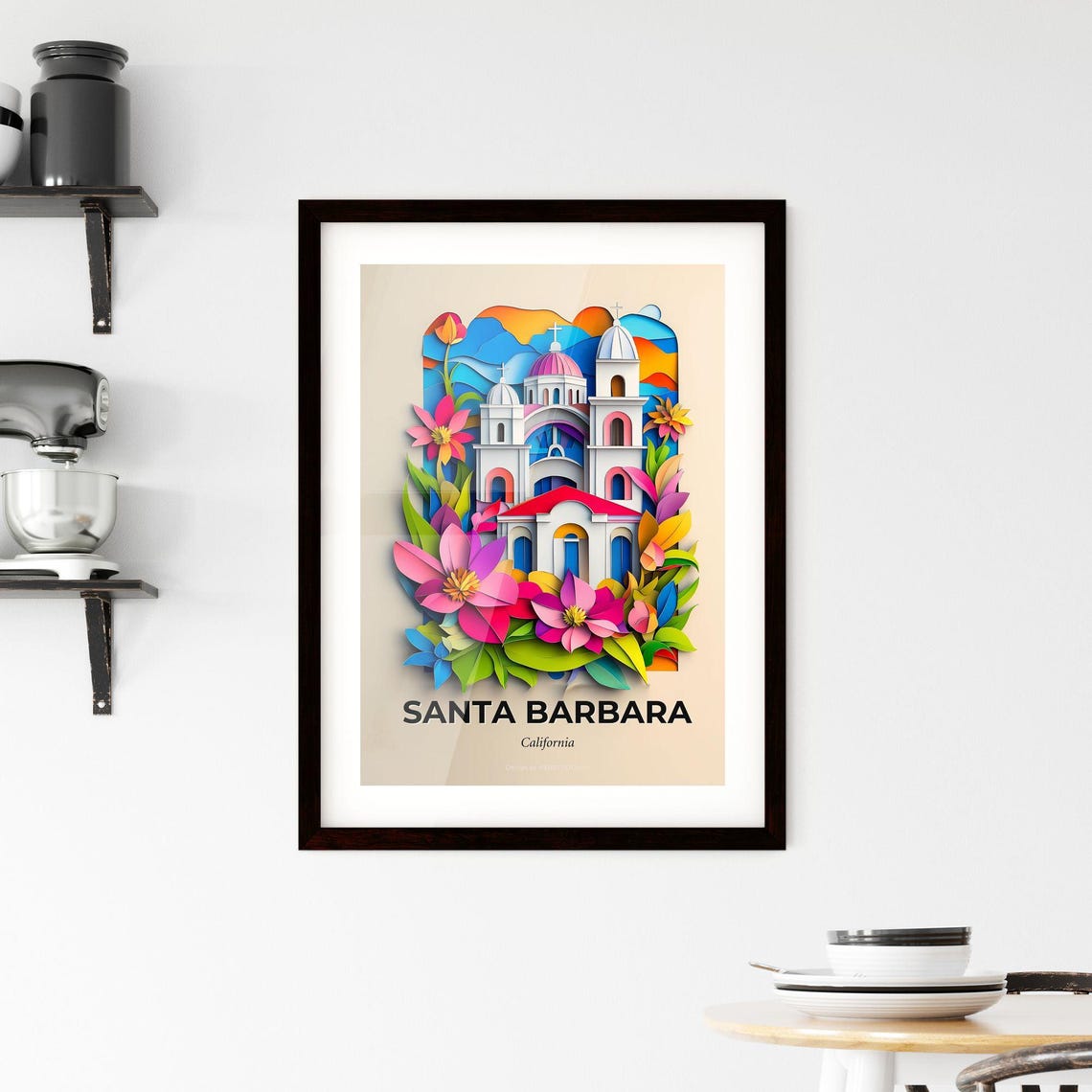 Santa Barbara California Church Flowers Paper Cut Art Poster - Image 2