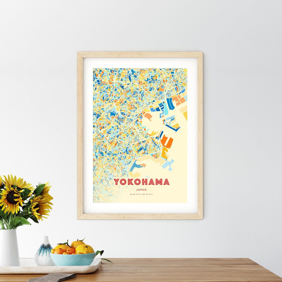 Yokohama Japan Blue Orange Colorful City Map Art Poster With Coordinates - Image 2