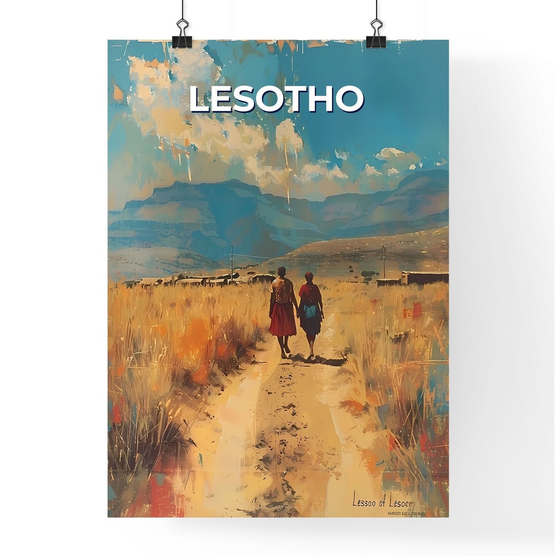Lesotho Africa Vibrant Painting Walking Path Tall Grass Mountains Travel Destinations Customizable - Image 4