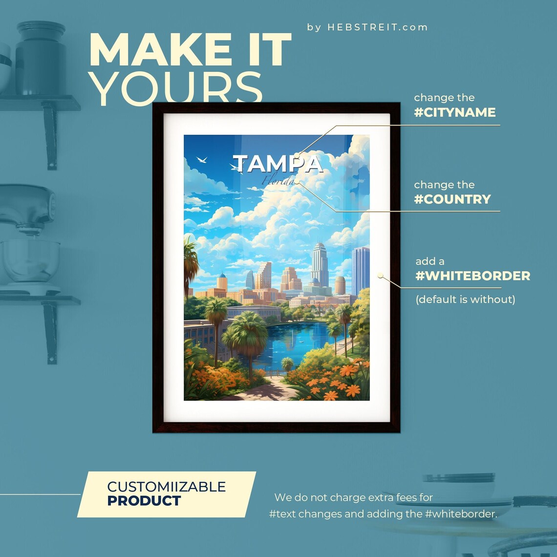 Tampa Florida Downtown Skyline Palm Trees Gardens Travel Art Poster - Image 2