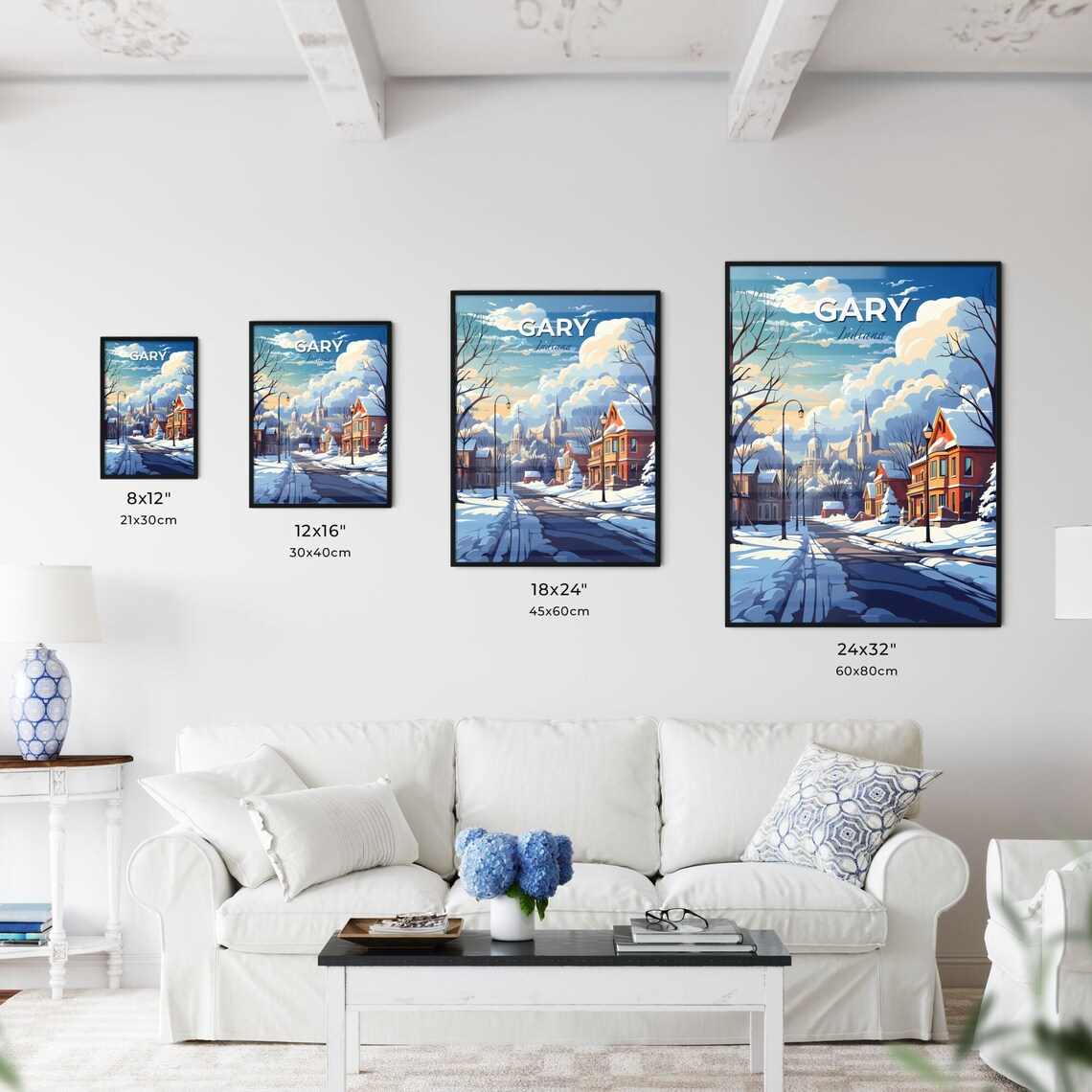 Gary Indiana Winter Street Travel Poster Snowy Homes Church City Art - Image 3