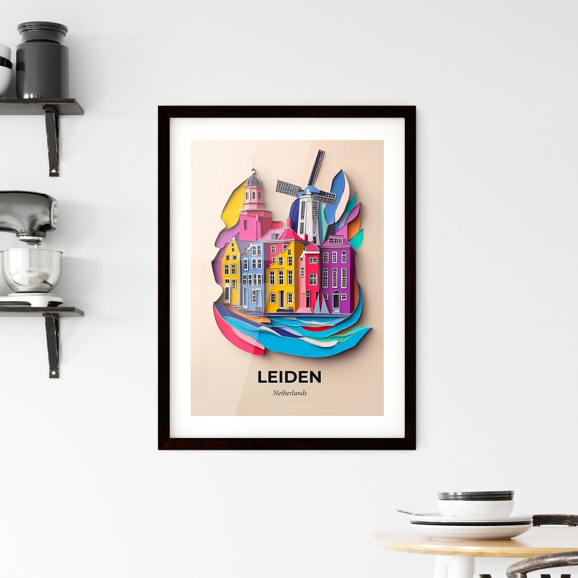Leiden Netherlands Colorful Paper Cut Windmill Canal Travel Poster - Image 2