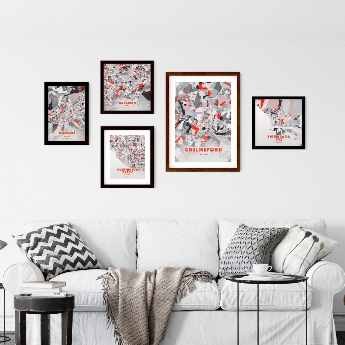 Chelmsford England Modern Red Expressive City Map Poster with Coordinates - Image 2