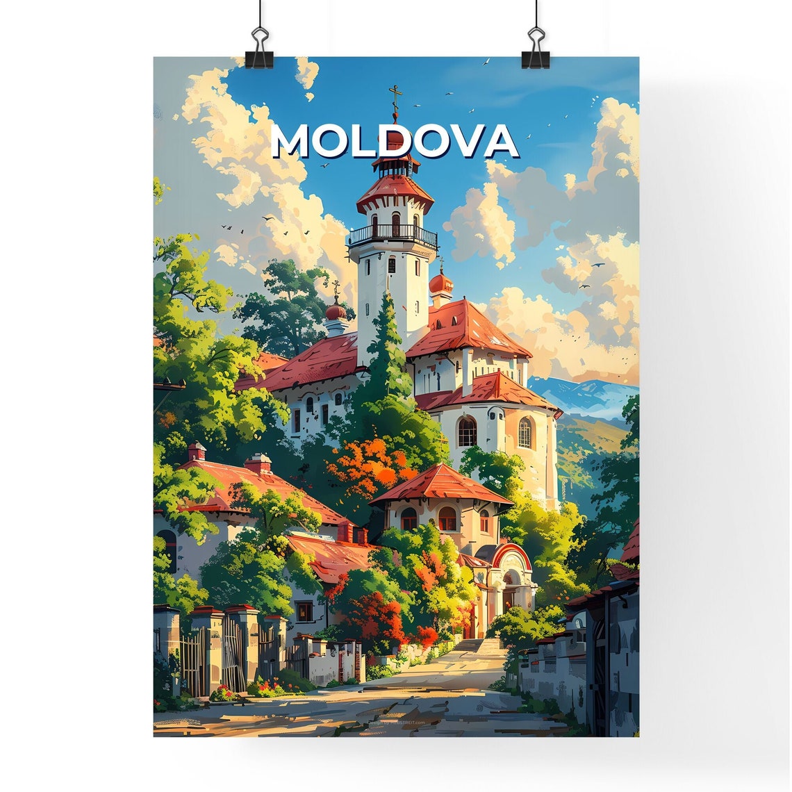 Moldova Sunny White Monastery Village Red Roofs Bell Tower Poster - Image 4