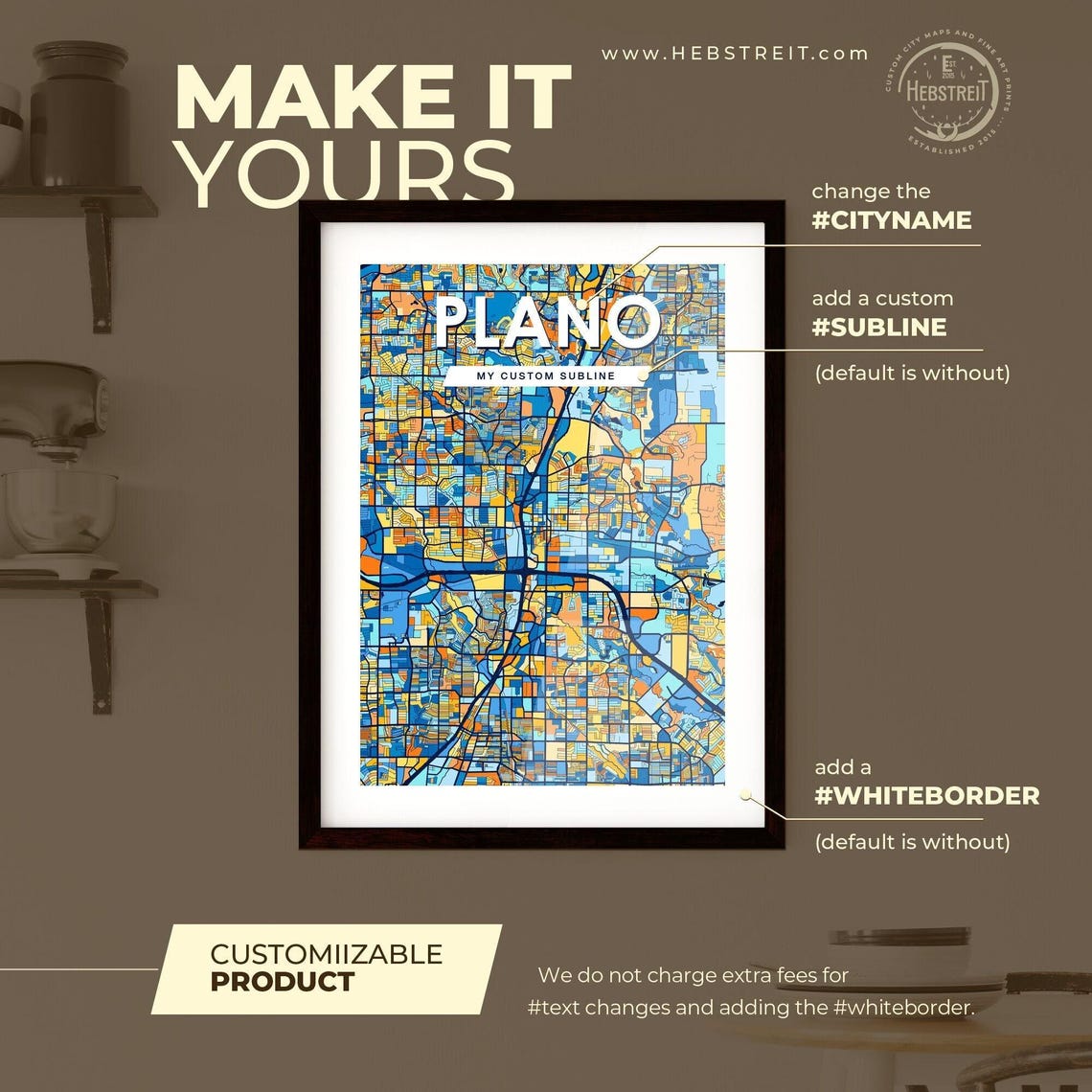 Plano Texas Vibrant Stylized Blue and Orange City Map Poster - Image 2