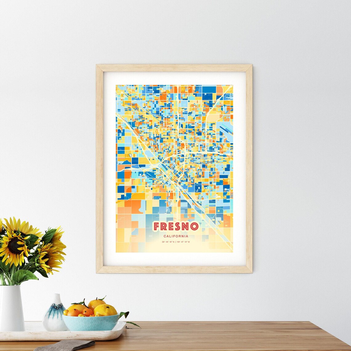 Fresno California City Map Blue Orange Street Art Map Poster - Image 2