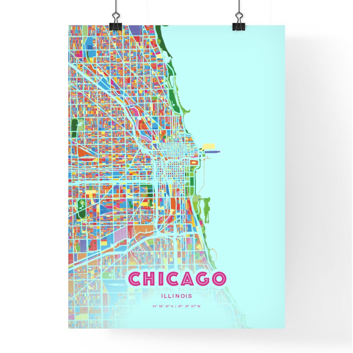 Chicago Illinois Colorful City Map Art Poster in Pink and Turquoise - Image 3