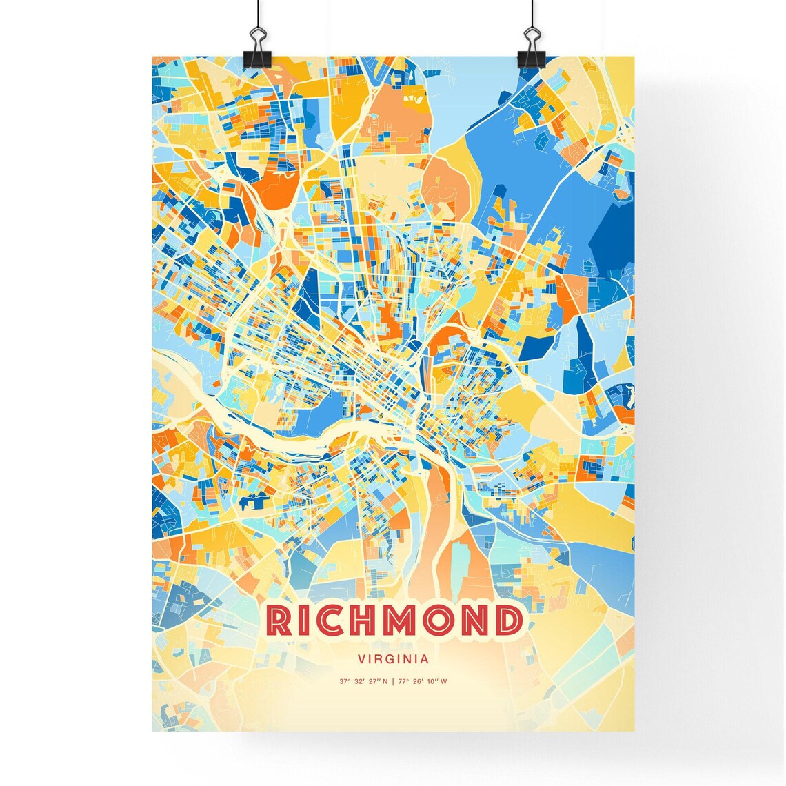Richmond Virginia City Map Art Poster Blue Orange Street Style - Image 3