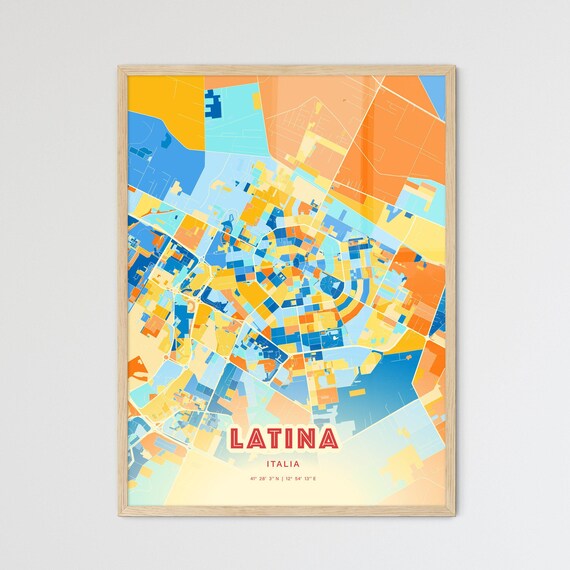 Latina Italy Bold Vibrant Blue Orange Mosaic City Map Poster