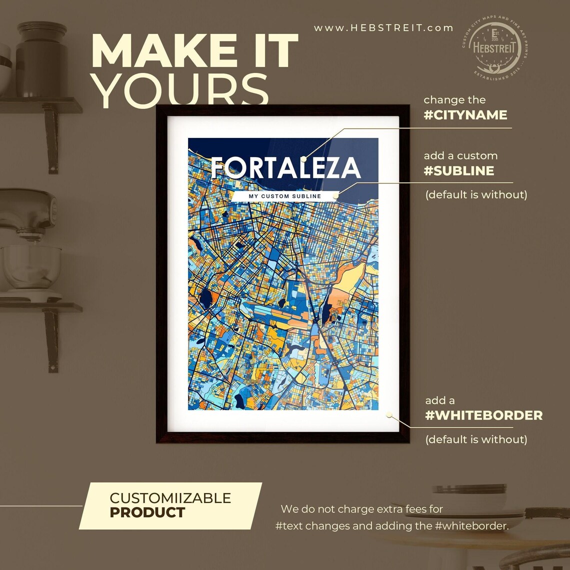 Fortaleza Brazil Stylish Vibrant Blue and Orange Mosaic City Map Poster - Image 2