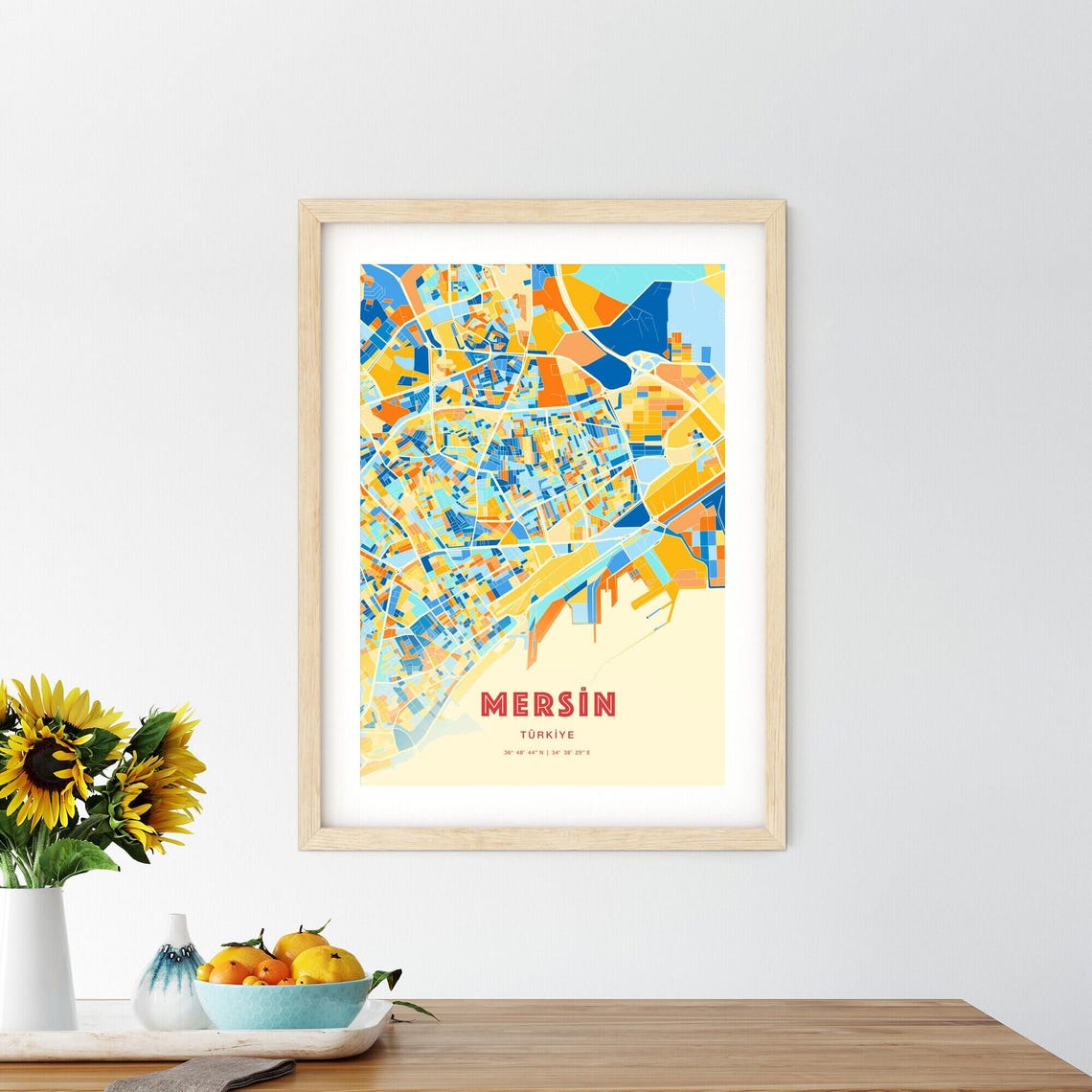 Mersin Turkey Blue Orange Abstract City Map Coastal Modern Art Poster - Image 2