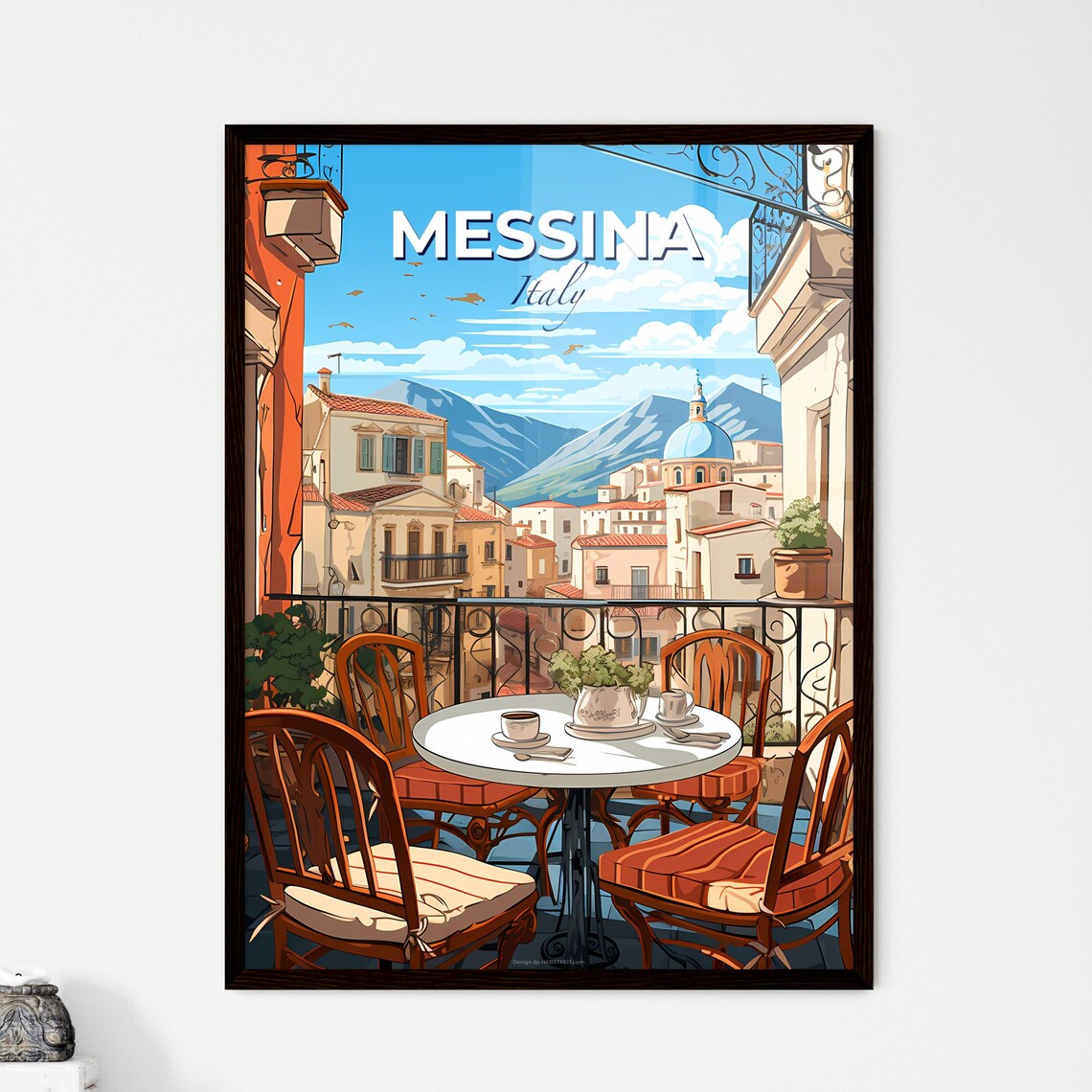 Messina Italy Balcony Cafe View Domed Town Vintage Travel Poster
