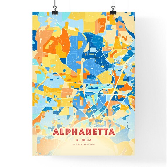 Alpharetta Georgia Colorful Blue and Orange Retro City Street Map Wall Art