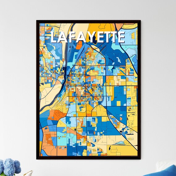 Lafayette Indiana Vibrant Stylized Blue and Orange City Map Poster
