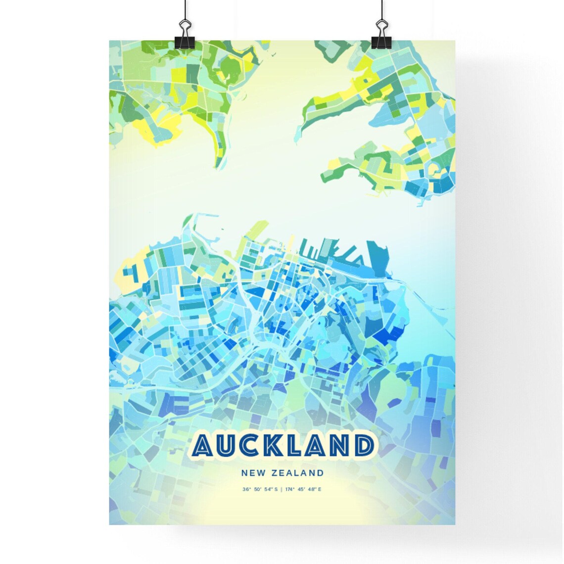 Auckland New Zealand Pastel Blue City Map Art with Coordinates Poster - Image 3