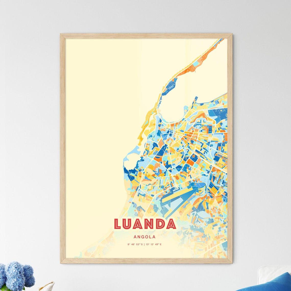 Luanda Angola Bold City Map Art Poster in Orange Blue and Cream