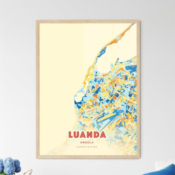 Luanda Angola Bold City Map Art Poster in Orange Blue and Cream