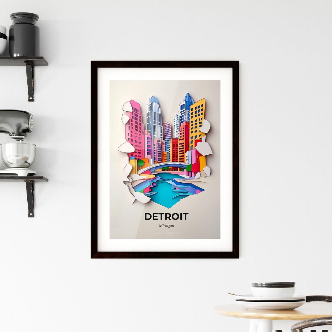 Detroit Michigan Colorful Paper Cut Skyline Bridge River Poster - Image 2