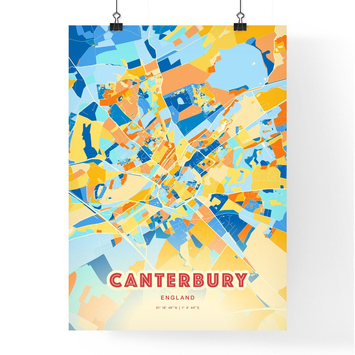 Canterbury England Colorful Blue and Orange Retro City Street Map Wall Art - Image 3