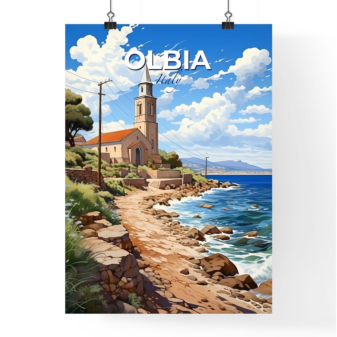 Olbia Italy Coastal Church Rocky Shoreline Bright Blue Sea Poster - Image 4