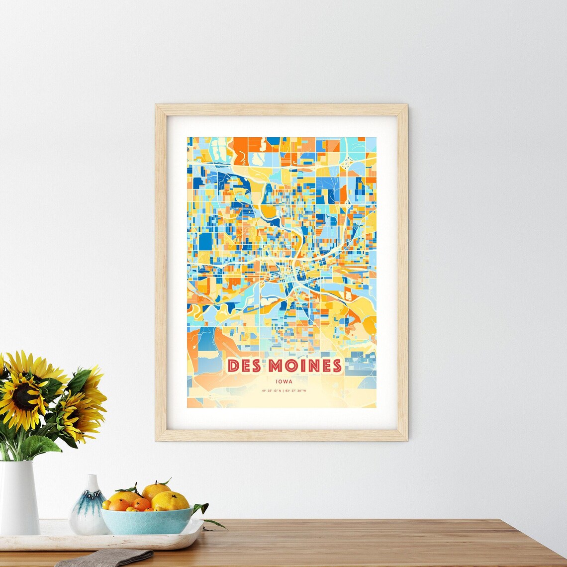Des Moines Iowa Colorful Blue Orange City Street Map Coordinates Poster - Image 2