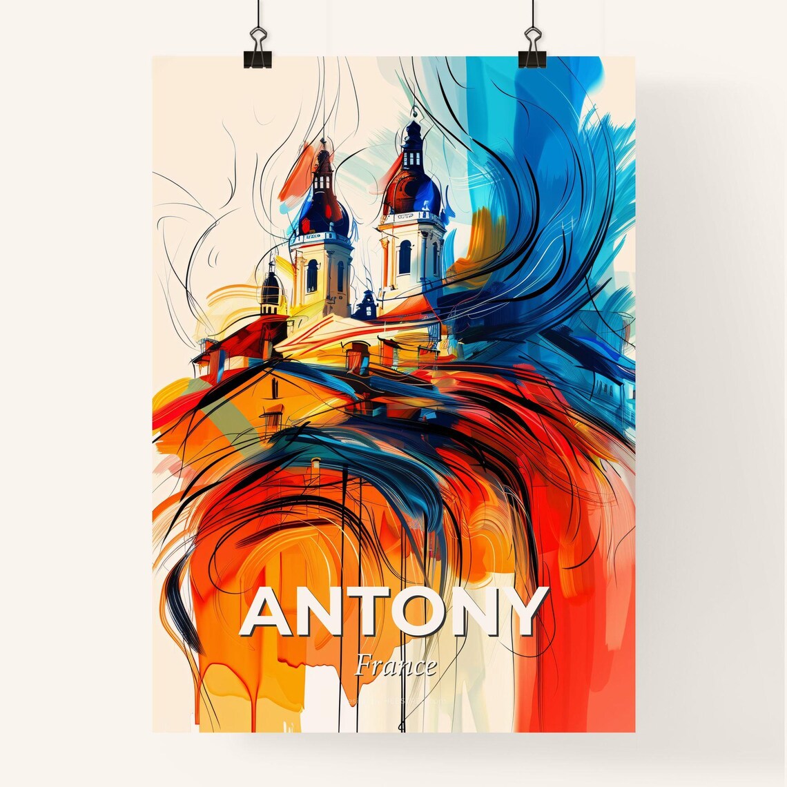 Antony France Vibrant Watercolor Town Cityscape Decor Poster - Image 4