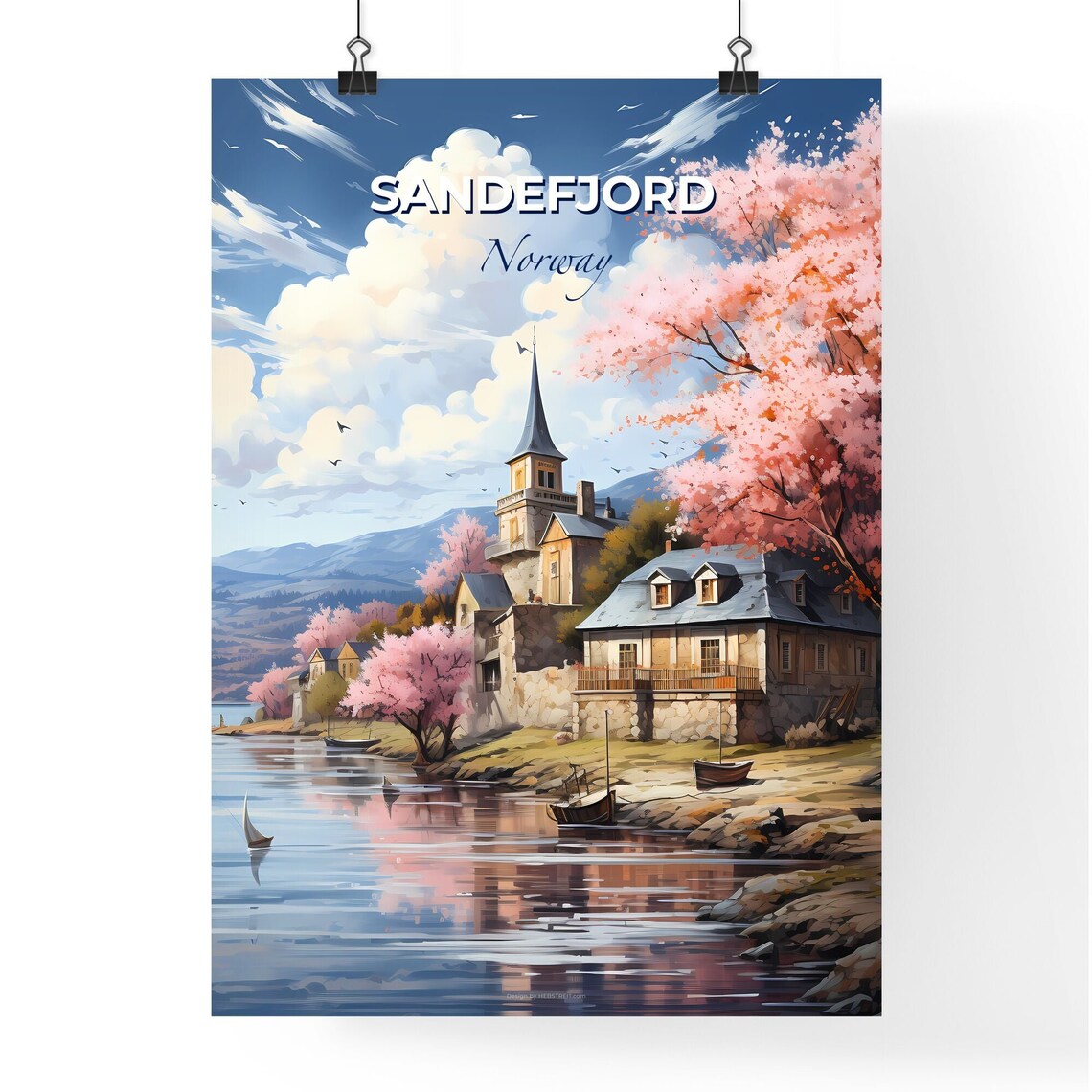 Sandefjord Norway Scenic Coastal Harbor Village Church Travel Poster - Image 4