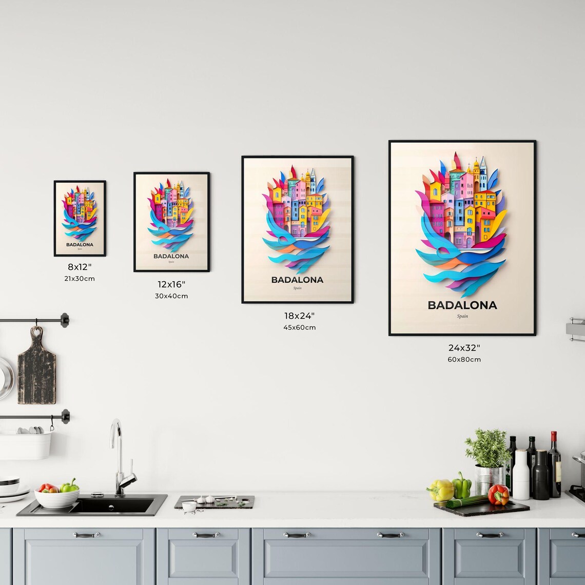 Badalona Spain Coastal City Church Spires Paper Cut Art Poster - Image 3