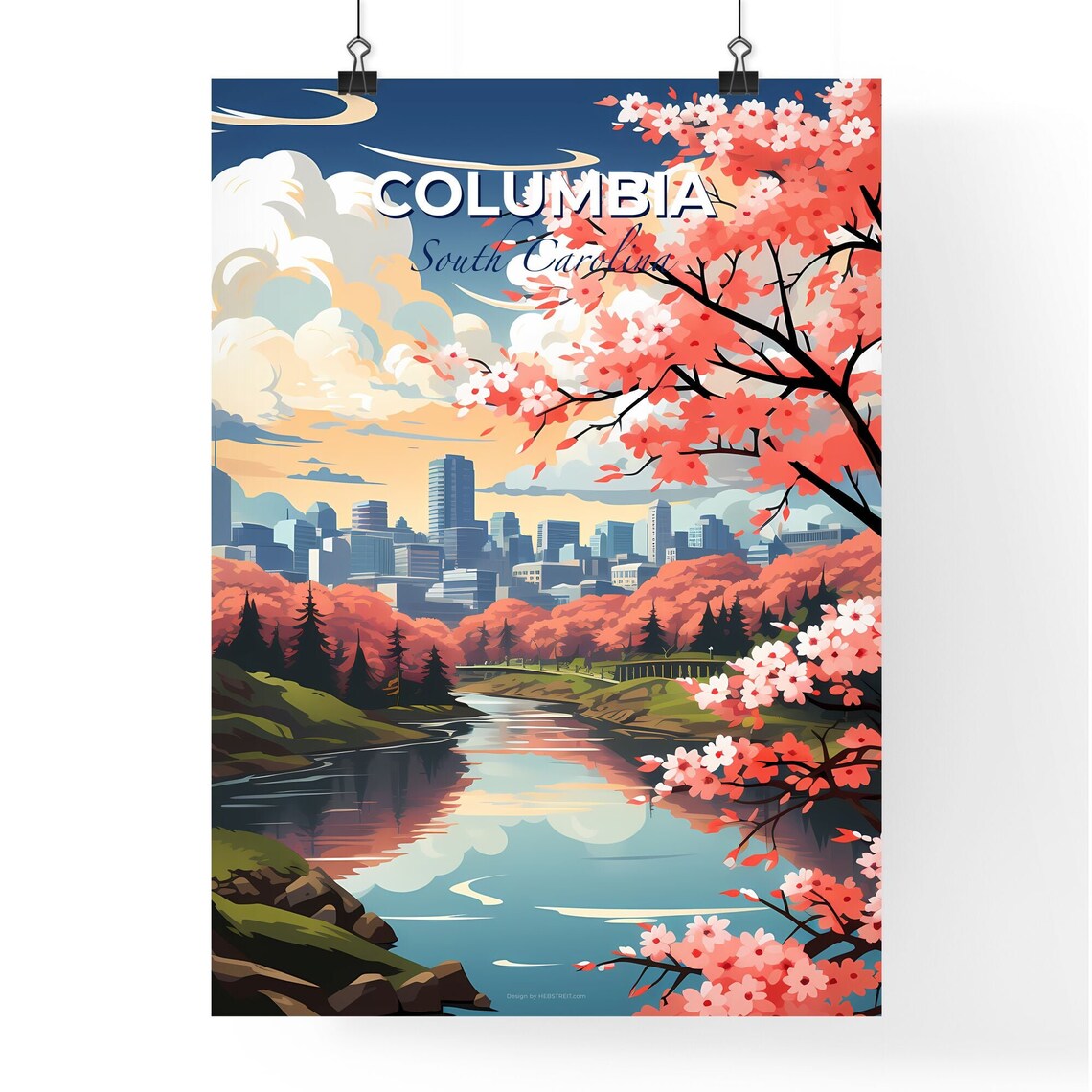 Columbia South Carolina Cherry Blossom River Skyline Travel Poster - Image 4