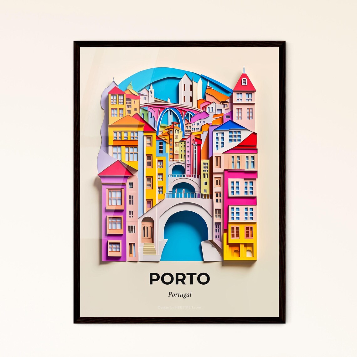 Porto Portugal Riverside Bridge Colorful Houses Paper Cut Poster