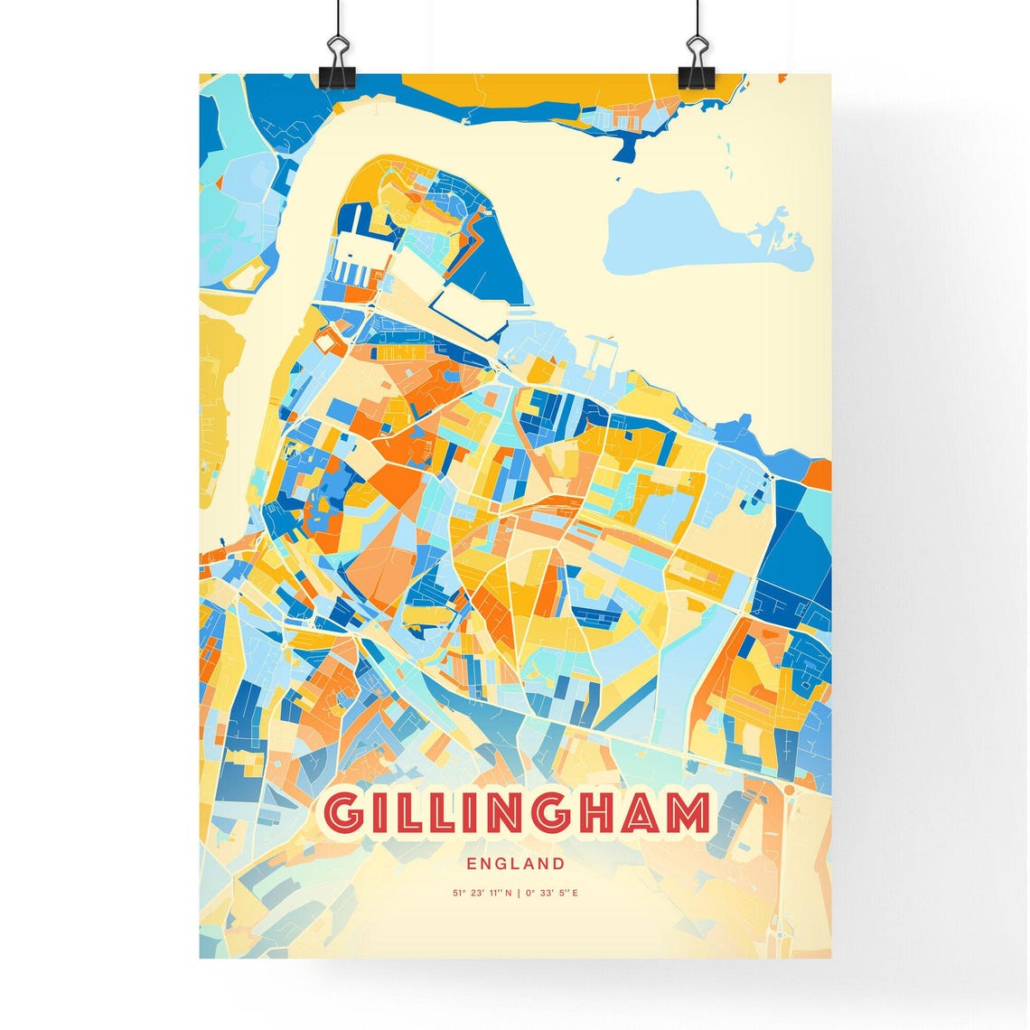 Gillingham England Vibrant Colorful City Map Art Coordinates Poster - Image 3