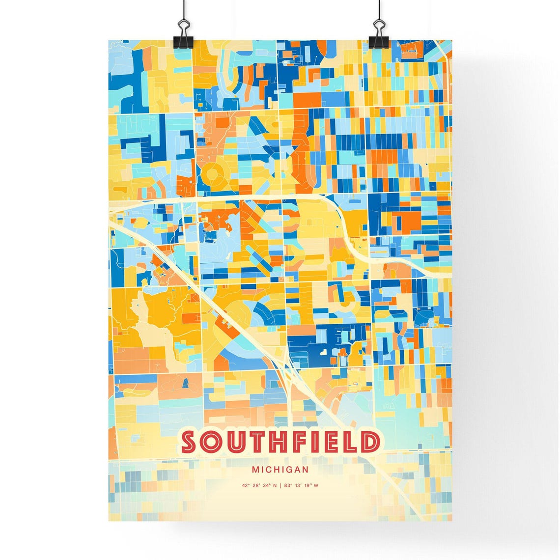 Southfield Michigan Colorful Blue Orange Map Art Poster Wall Decor