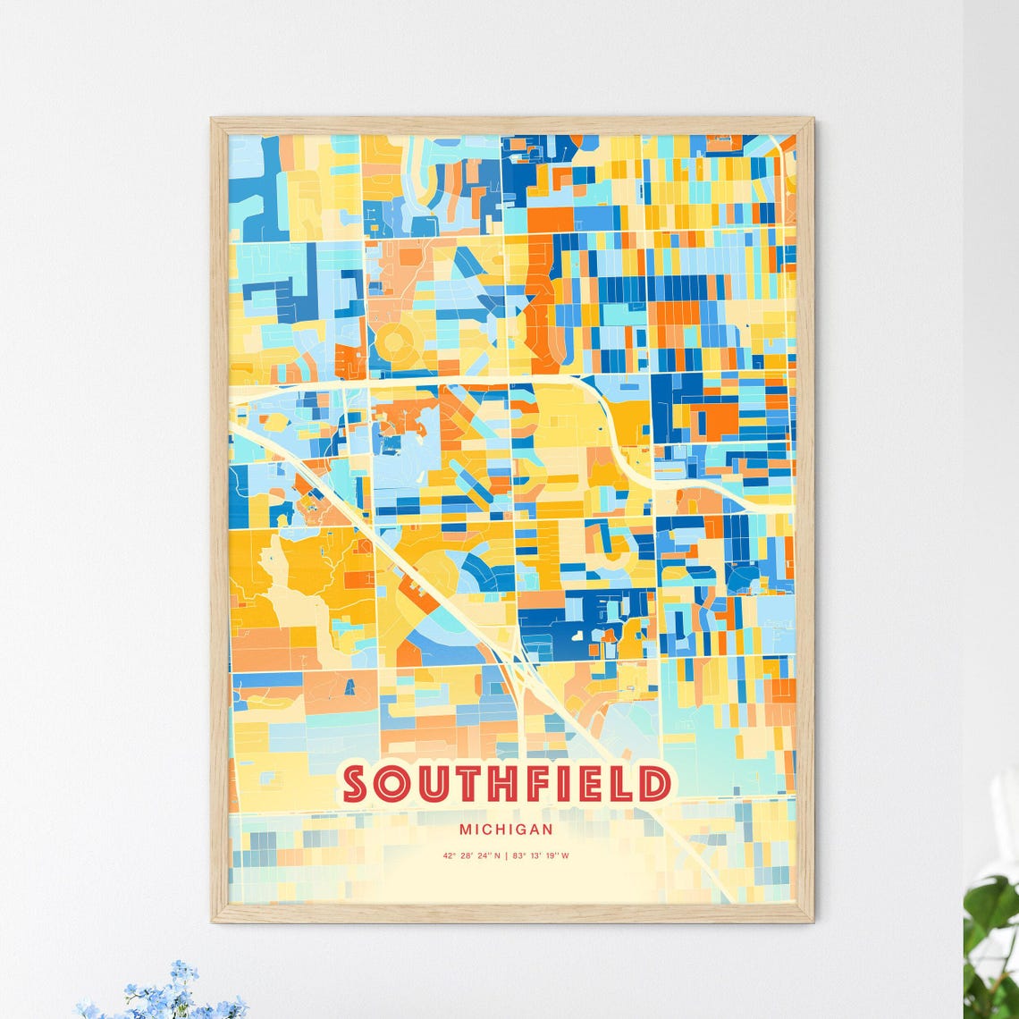 Southfield Michigan Colorful Blue Orange Map Art Poster Wall Decor - Image 3