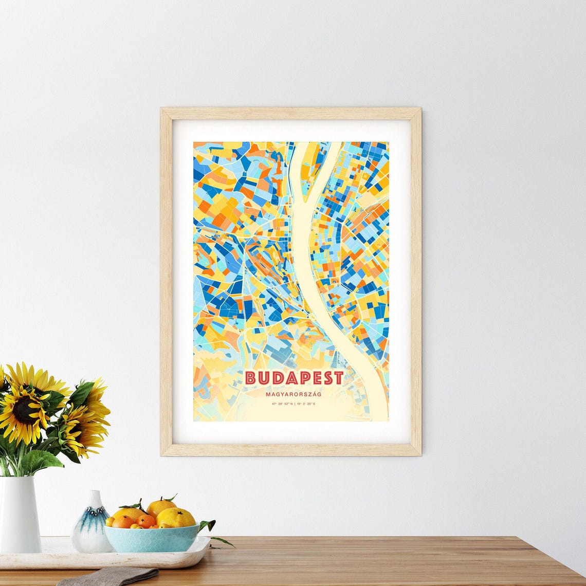 Budapest Hungary Vibrant Blue Orange City Map Art Poster River View - Image 2