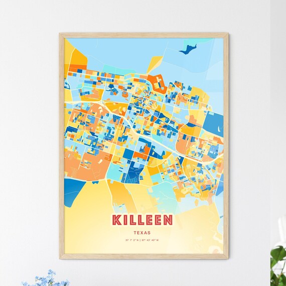 Killeen Texas Colorful Blue Orange City Map Art Poster with Coordinates