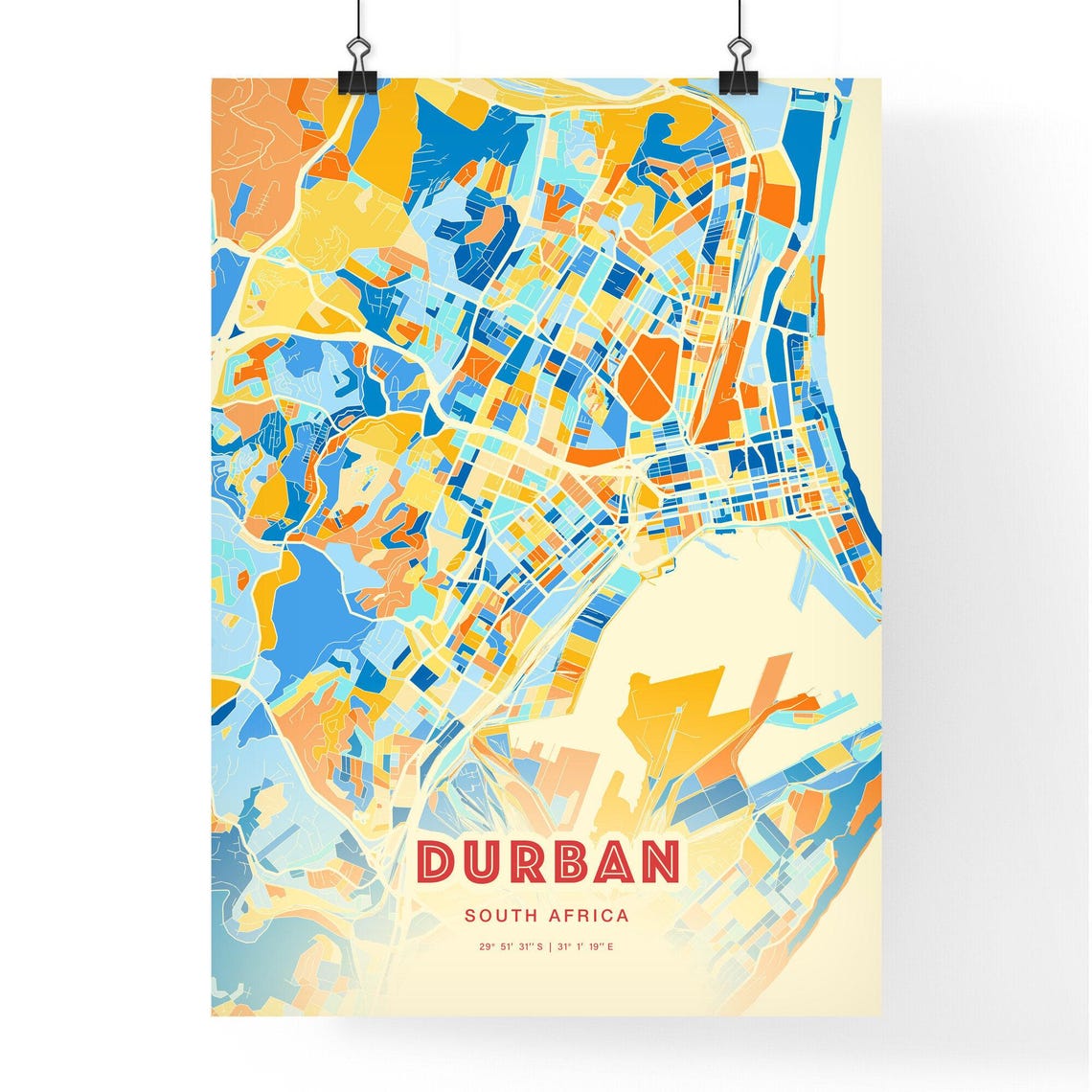 Durban South Africa Colorful City Map Poster Blue Orange Coastal Decor - Image 3