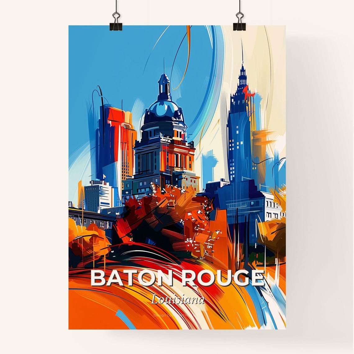 Baton Rouge Louisiana Vibrant Watercolor Capitol Skyline Poster - Image 4