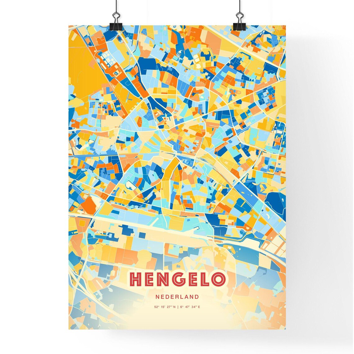 Hengelo Netherlands Blue Orange Colorful City Map Art Poster With Coordinates - Image 3