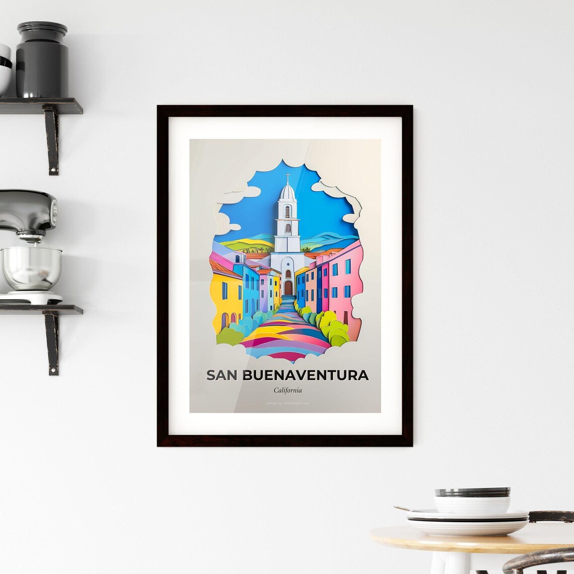 San Buenaventura California Mission Church Street Paper Cut Poster - Image 2