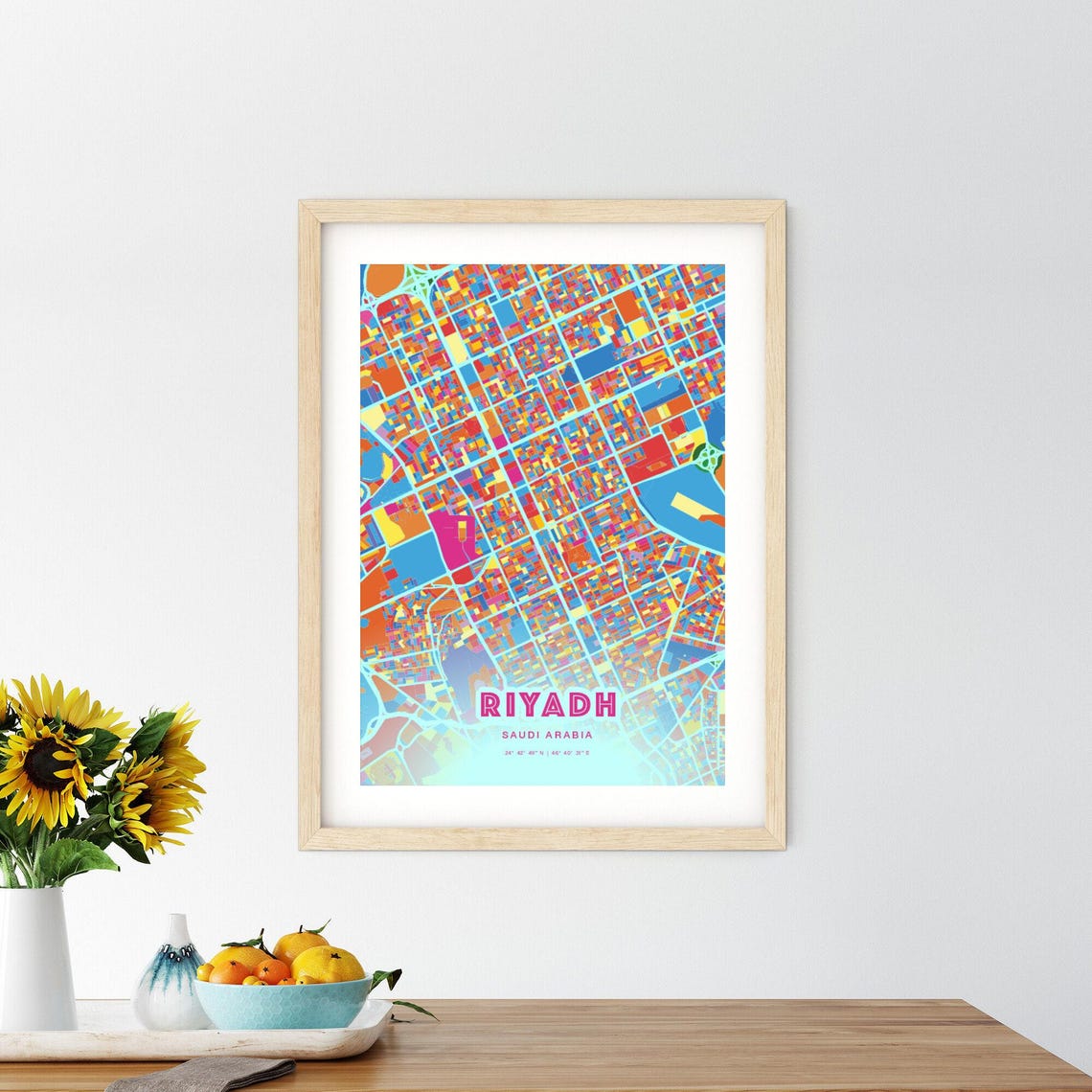 Riyadh Saudi Arabia Colorful City Map Art Poster in Pink and Turquoise - Image 2