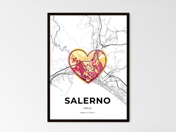 Salerno Italy Minimalist Line Art Heart Shaped City Map Poster