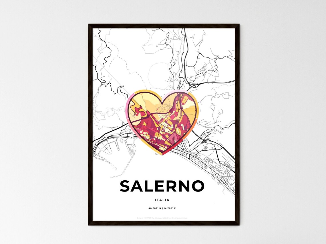 Salerno Italy Minimalist Line Art Heart Shaped City Map Poster