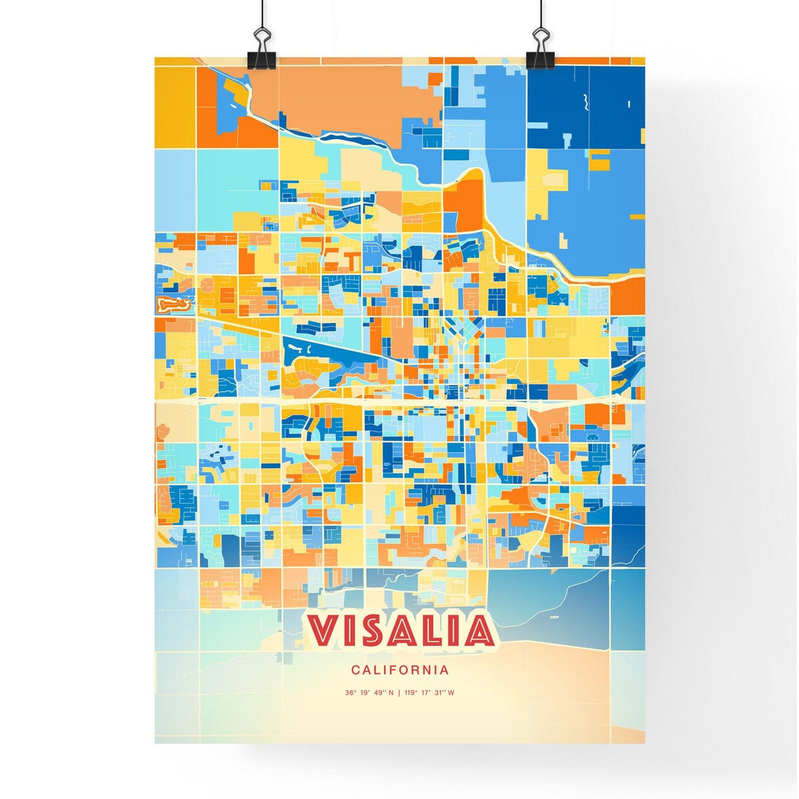 Visalia California City Map Art Poster Blue Orange Coordinates - Image 3