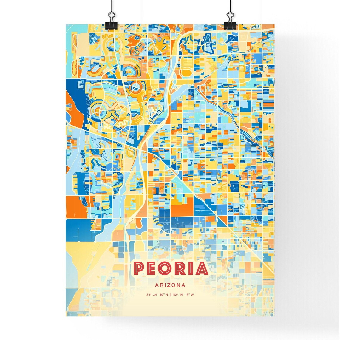 Peoria Arizona Colorful Blue Orange Modern City Street Map Poster - Image 3