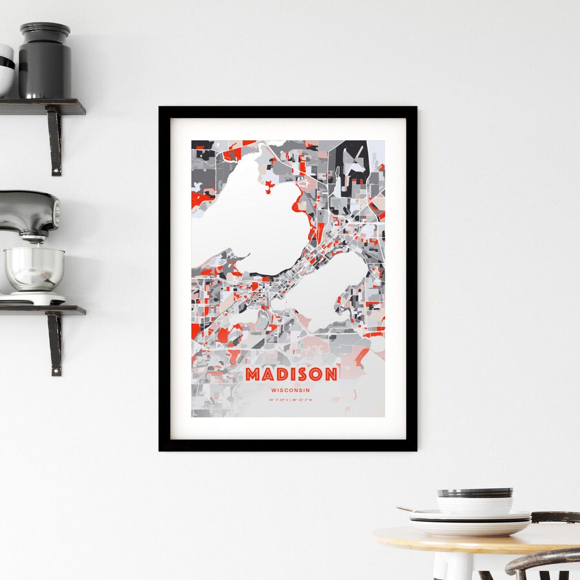 Madison Wisconsin Bold Red and Gray Modern Abstract City Map Poster - Image 2